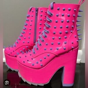 💗 YRU Neon Pink Spiked Platform Boots 💜 Kawaii 💜 Y2K 💜 Alt Girl 💜 Rave 💜 Cosplay